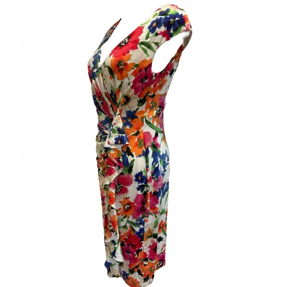 90s AMERICAN LIVING MULTI-COLOR FLORAL BODYCON W SIDE RUFFLE MIDI DRESS SZ 8 - Picture 4 of 8
